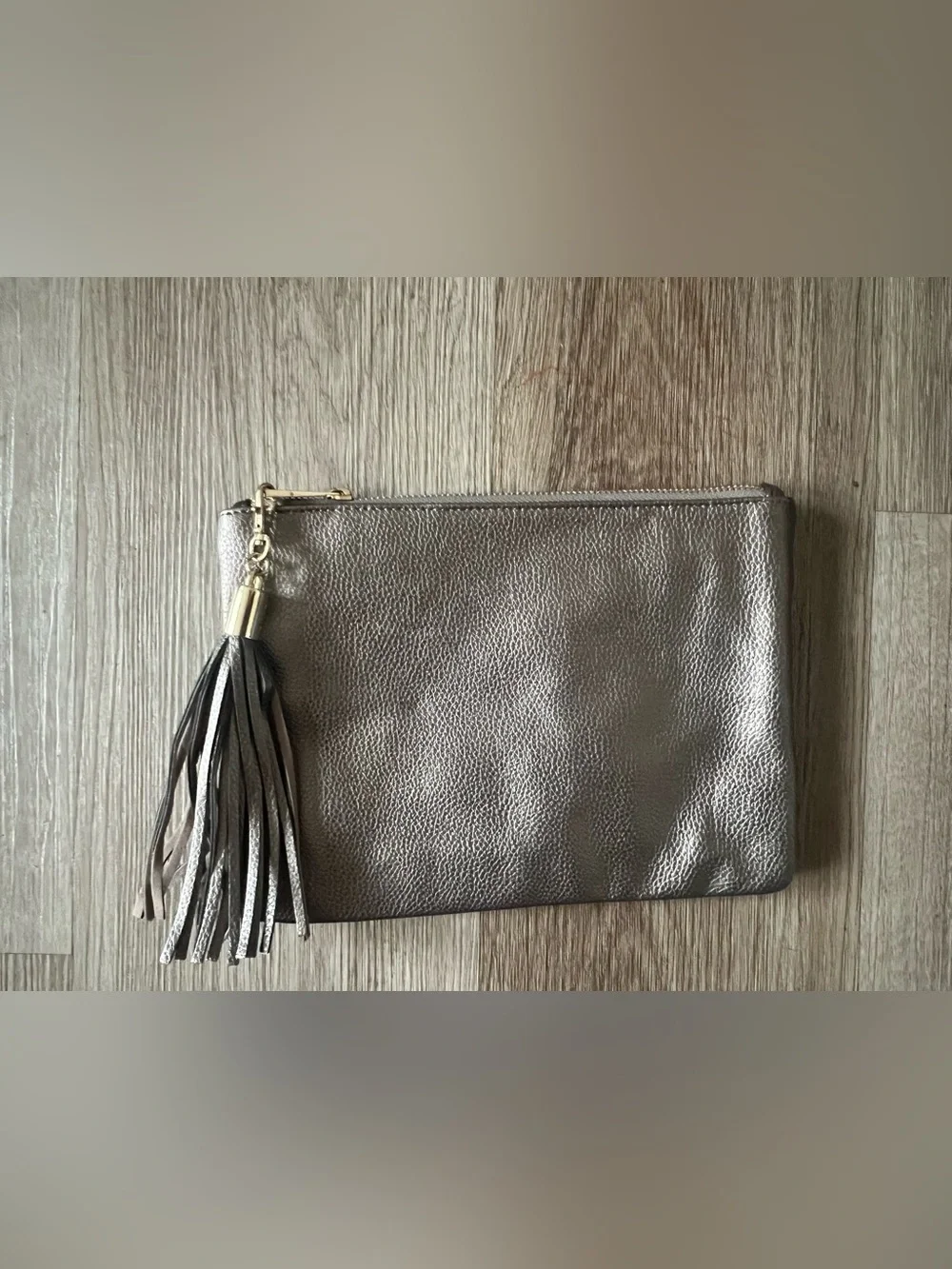 Metallic Silver Tassel Wristlet Clutch